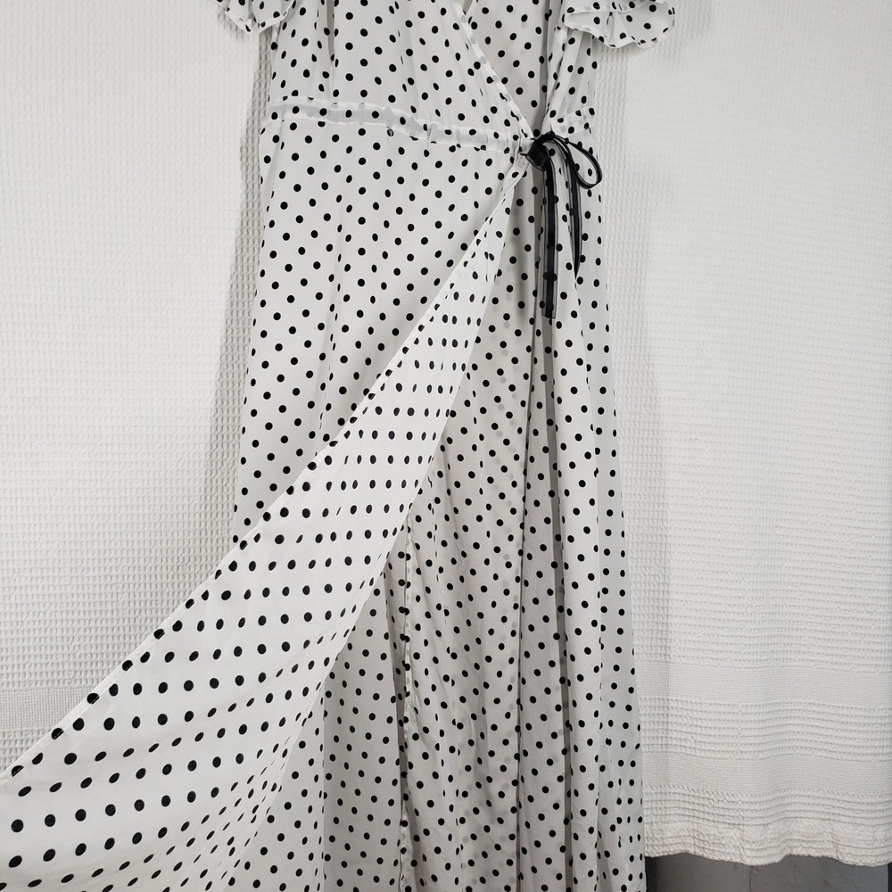 Boohoo Wrap Maxi Dress Womens 24 White Black Polka Dot Short Sleeve Romantic - Picture 16 of 16